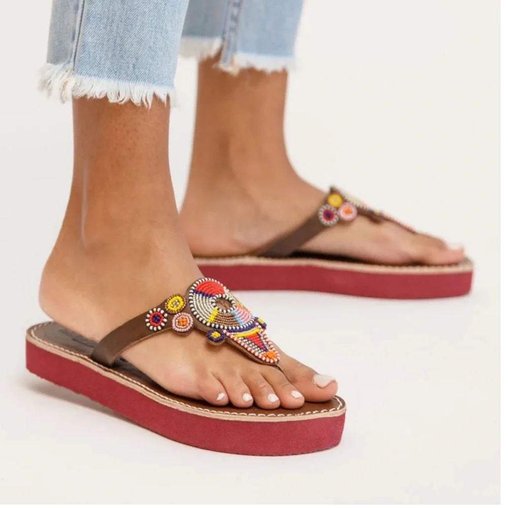 Laidback London Shibli SSR Leather Beaded Handmade Sandal Red Mix Size 39